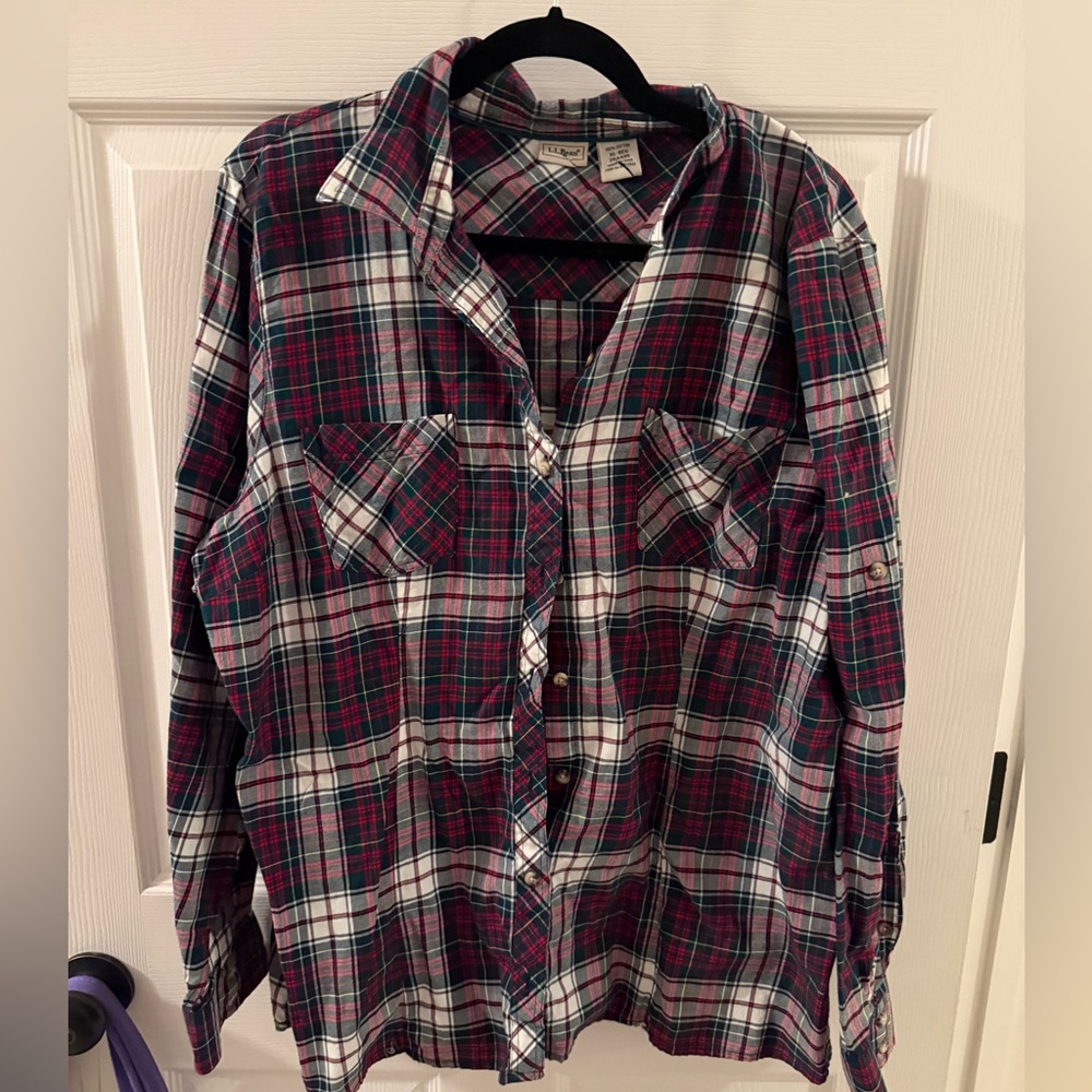 L.L. Bean Plaid Cotton Shirt in Navy, Red & White